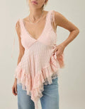Top camisola rosa babydoll con lazos, volantes y encaje asimétrico