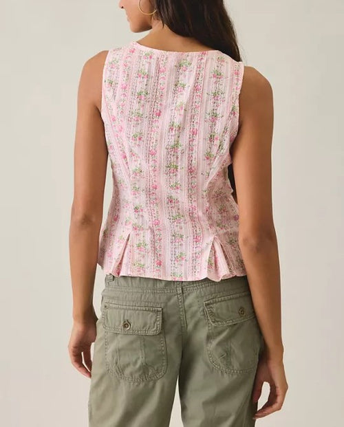 Blusa sin mangas estampado floral rosa con encaje y bajo peplum
